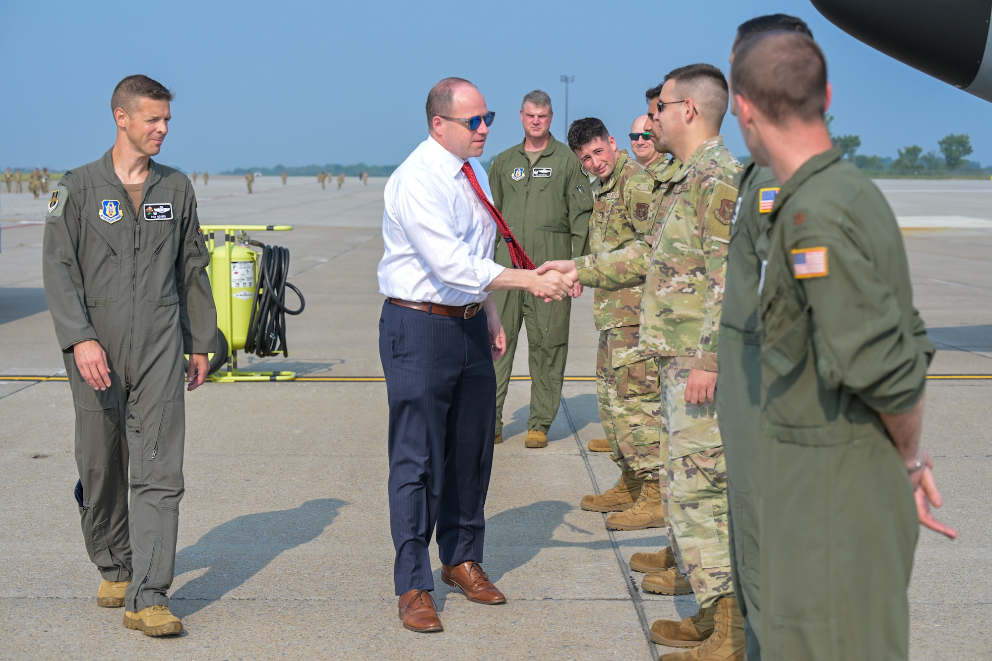 U.S. Congressman Timothy M. Kennedy, New York's 26th District Representative, meets members from the 914th Air Refueling Wing on the flightline of the Niagara Falls Air Reserve Station, New York, Aug. 5, 2025.