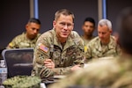 Command Sgt. Maj. Eric Olsen, senior enlisted advisor for U.S. Army South, responds to a question from a Programa Integral para Suboficiales de Alta Jerarquía (PISAJ) 21 participant during a senior enlisted advisor leadership panel at the Noncommissioned Officer Leadership Center of Excellence, Fort Bliss, Texas, Aug. 18, 2025. PISAJ is a biannual, partner nation-funded initiative aligned with U.S. Southern Command’s Theater Campaign Plan and directly supports the Colombian army’s transformation to align its noncommissioned officer corps with globally recognized standards. (U.S. Army photo by Staff Sgt. Joshua Taeckens) (Photo Credit: Sgt. Joshua Taeckens)