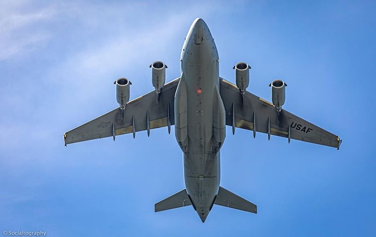 A Globemaster C-17 III captured during a flyover of the Carolinas in Charlotte, North Carolina, May 7, 2020.