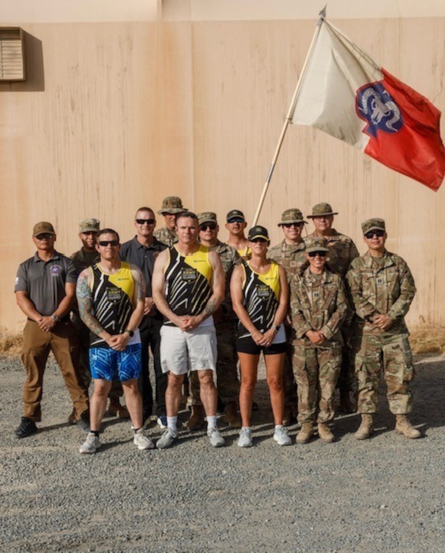 Members of the 17th Sustainment Brigade, Nevada Army National Guard, pose for a photo during their running of the Reno Tahoe Odyssey while deployed in the Middle East earlier this year.