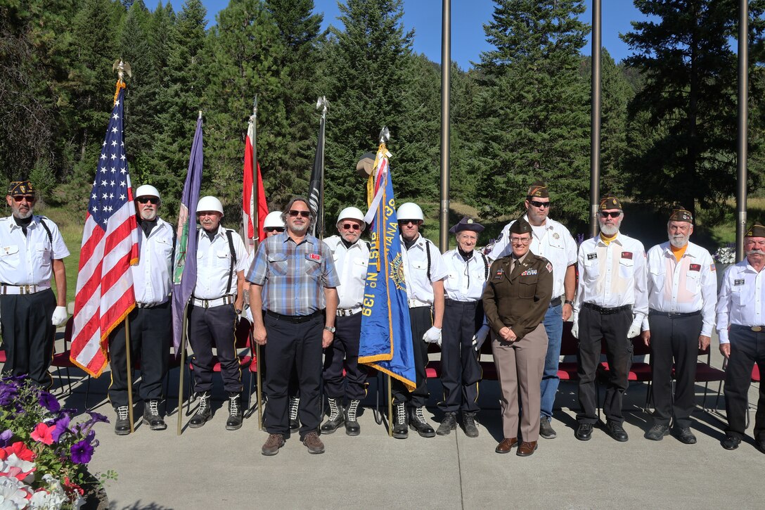 U.S. Army Corps of Engineers, Seattle District Commander Col. Kathryn Sanborn, Libby Dam Operating Project Manager Rick Spiger and members of the VFW and American Legion who presented the Colors and performed Taps, during the memorial unveiling, as part of Libby Dam's 50th commemoration, Aug. 23, 2025, at Libby, Montana.