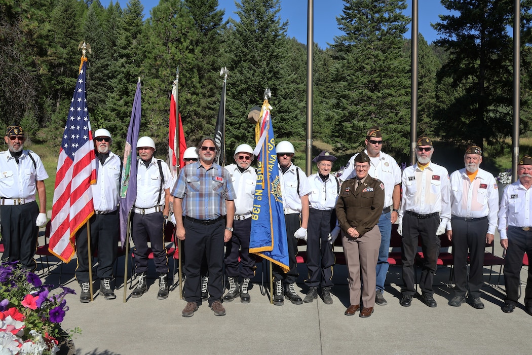 U.S. Army Corps of Engineers, Seattle District Commander Col. Kathryn Sanborn, Libby Dam Operating Project Manager Rick Spiger and members of the VFW and American Legion who presented the Colors and performed Taps, during the memorial unveiling, as part of Libby Dam's 50th commemoration, Aug. 23, 2025, at Libby, Montana.