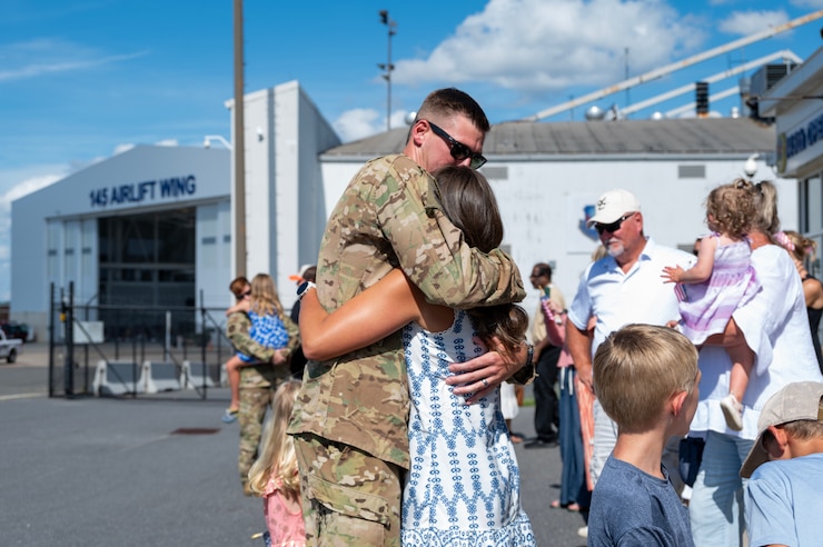 The 145th Airlift Wing hosts family and friends as they bid farewell to deploying Airmen from the North Carolina Air National Guard base, Charlotte-Douglas International Airport on June 17, 2025.
