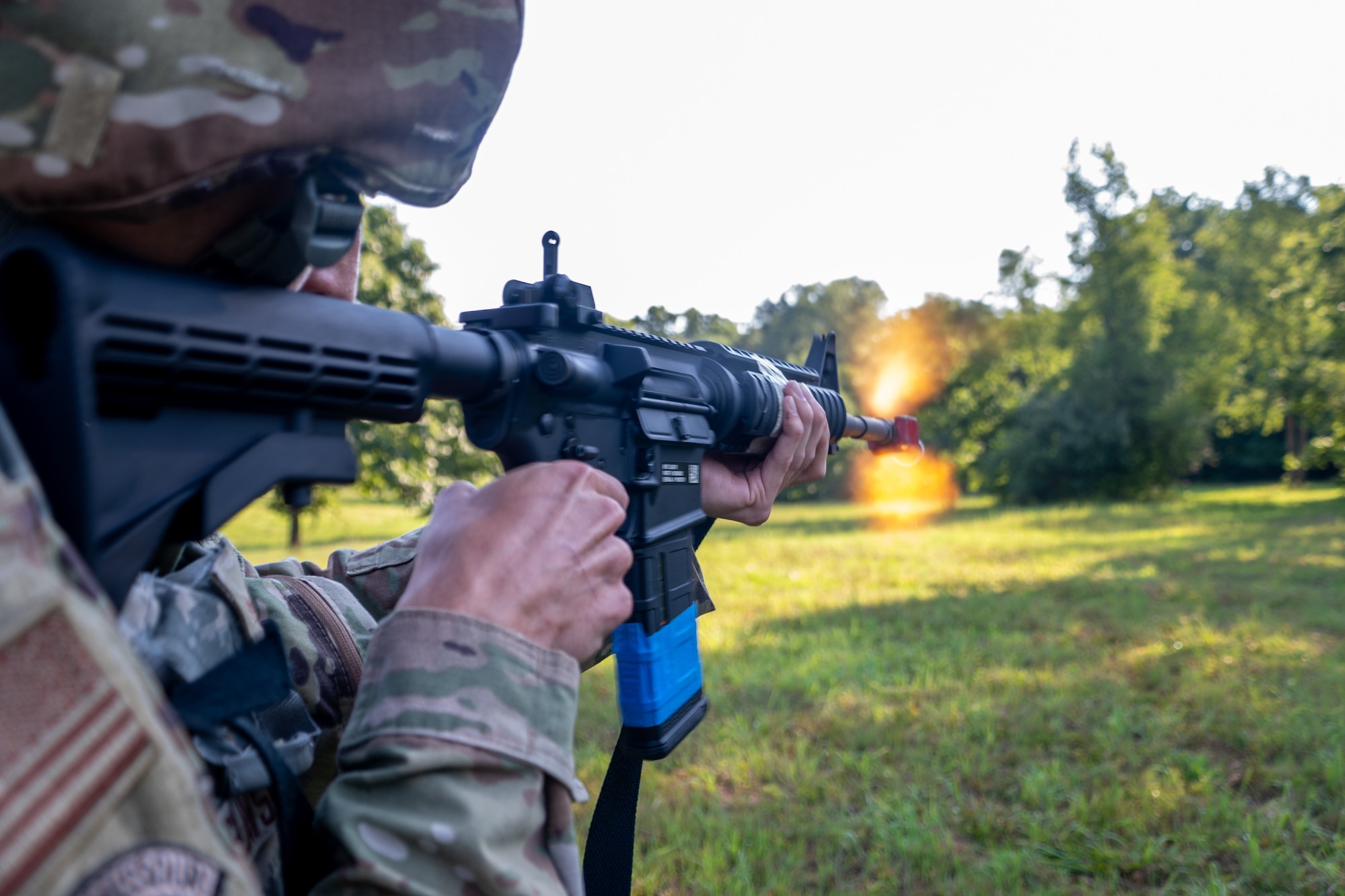 U.S. Air National Guard Senior Airman Dainel Gorislavsky, personnelist with the 131st Force Support Squadron, fires a M-4 carbine during Northern Strike 25-2 at Fort Custer, Michigan, Aug. 11, 2025. Northern Strike is a National Guard led exercise designed to strengthen warfighting capabilities and develop leaders while enhancing joint interoperability. (U.S. Air National Guard photo by Senior Airman Phoenix Lietch)