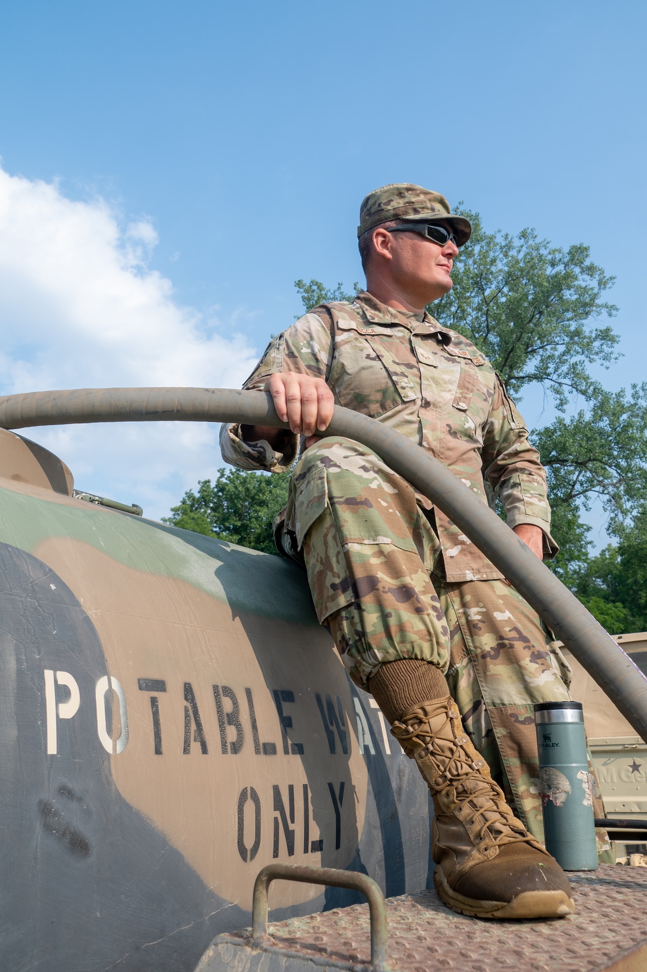U.S. Air National Guard Tech. Sgt. Anthony Rocca, water and fuels NCO with the 131st Civil Engineering Squadron ensures proper water distribution during Northern Strike 25-2 at Fort Custer, Michigan, Aug. 5, 2025. Northern Strike is a National Guard led exercise designed to strengthen warfighting capabilities and develop leaders while enhancing joint interoperability. (U.S. Air National Guard photo by Senior Airman Phoenix Lietch)