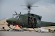 A UH-1N Iroquois helicopter takes off on the flightline for a formation flight at Minot Air Force Base, North Dakota, Aug. 21, 2025. The Air Force began using the UH-1N Iroquois in 1970 for search and rescue missions and later expanded its role to include missile security. (U.S. Air Force photo by Airman 1st Class Wesley Davies)