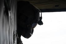 U.S. Air Force Tech. Sgt. Dustin Dezotell, a 54th Helicopter Squadron special missions aviator, flies in a UH-1N Iroquois during a formation flight at Minot Air Force Base, North Dakota, Aug. 21, 2025. The primary missions of the UH-1N Iroquois include airlifting emergency security forces, providing security and surveillance of off-base nuclear weapons convoys and conducting medical evacuation. (U.S. Air Force photo by Airman 1st Class Wesley Davies)