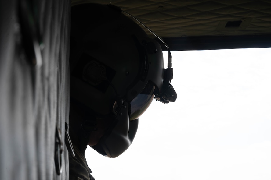 U.S. Air Force Tech. Sgt. Dustin Dezotell, a 54th Helicopter Squadron special missions aviator, flies in a UH-1N Iroquois during a formation flight at Minot Air Force Base, North Dakota, Aug. 21, 2025. The primary missions of the UH-1N Iroquois include airlifting emergency security forces, providing security and surveillance of off-base nuclear weapons convoys and conducting medical evacuation. (U.S. Air Force photo by Airman 1st Class Wesley Davies)