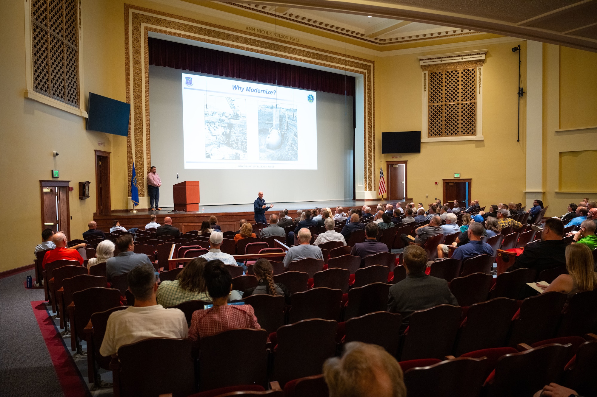 U.S. Air Force Maj. Gen. Colin Connor, Director of Intercontinental Ballistic Missile (ICBM) Site Activation Task Force, gives insights to the Sentinel program town hall in Minot, North Dakota, Aug. 26, 2025. Connor enlightened the community on the transition process from the Minuteman III to the new Sentinel ICBM system.