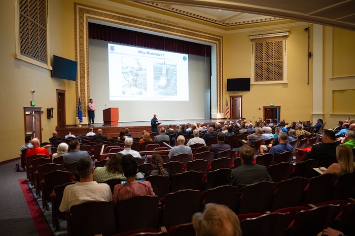 U.S. Air Force Maj. Gen. Colin Connor, Director of Intercontinental Ballistic Missile (ICBM) Site Activation Task Force, gives insights to the Sentinel program town hall in Minot, North Dakota, Aug. 26, 2025. Connor enlightened the community on the transition process from the Minuteman III to the new Sentinel ICBM system.