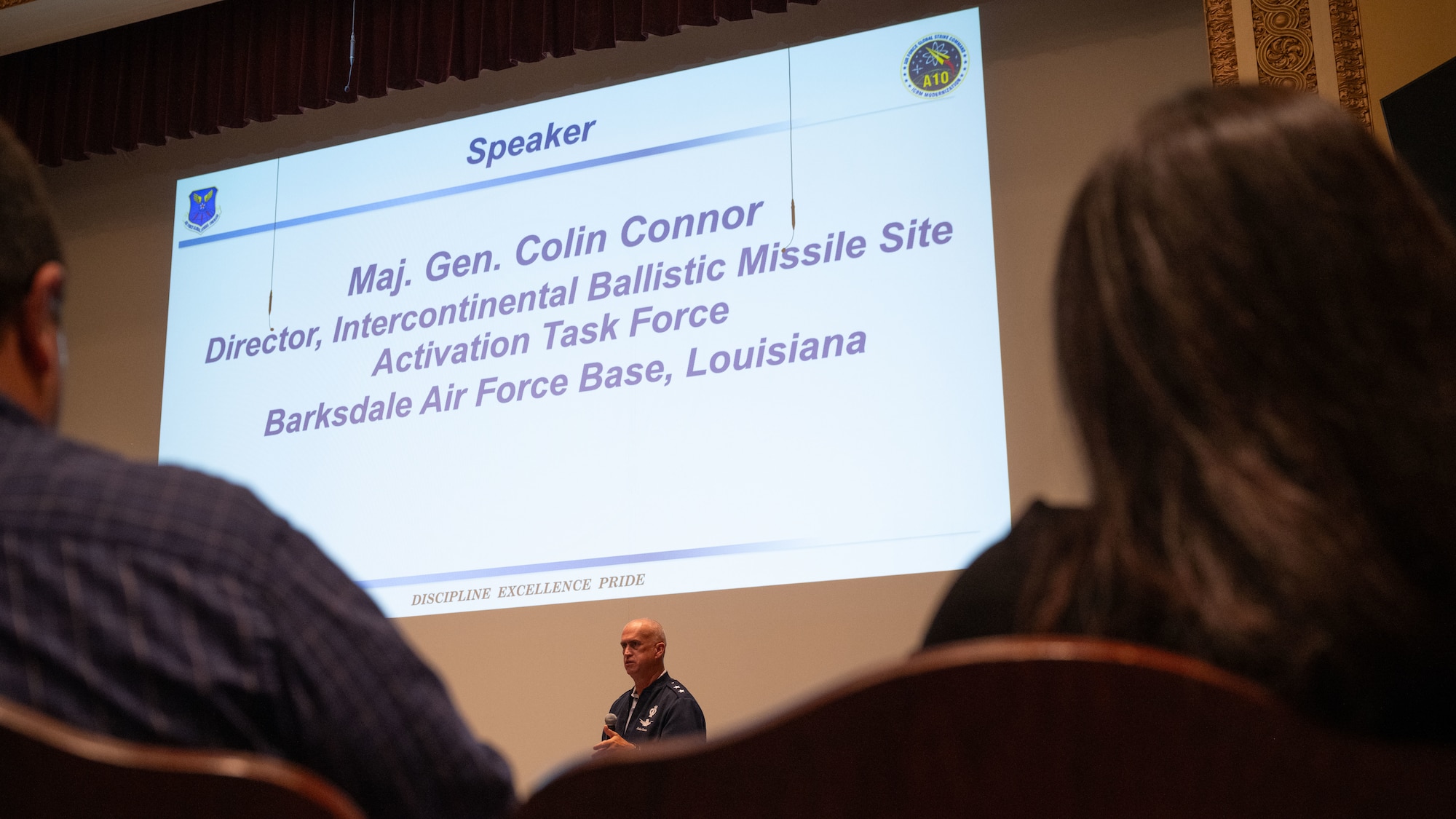 U.S. Air Force Maj. Gen. Colin Connor, Director of Intercontinental Ballistic Missile (ICBM) Site Activation Task Force, delivers a message to members of the Minot community at the Sentinel program town hall in Minot, North Dakota, Aug. 26, 2025. Air Force officials, town government officials, and town business leaders at the town hall meeting pointed toward transparency and community involvement as the massive defense project moves ahead.