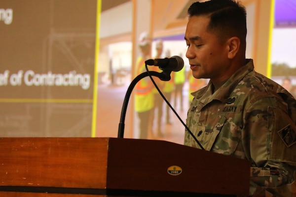 Lt. Col. Jason A. Supnet, military deputy chief of contracting with the U.S. Army Corps of Engineers – Far East District, speaks during the district’s first-ever Joint Industry Day, April 9, 2025. Recently named the 2025 USACE 51C Commissioned Officer of the Year, Supnet was recognized for his leadership in strengthening vendor relationships, fostering bilateral cooperation, and advancing the district’s contracting mission. (U.S. Army photo by Monique Freemon)