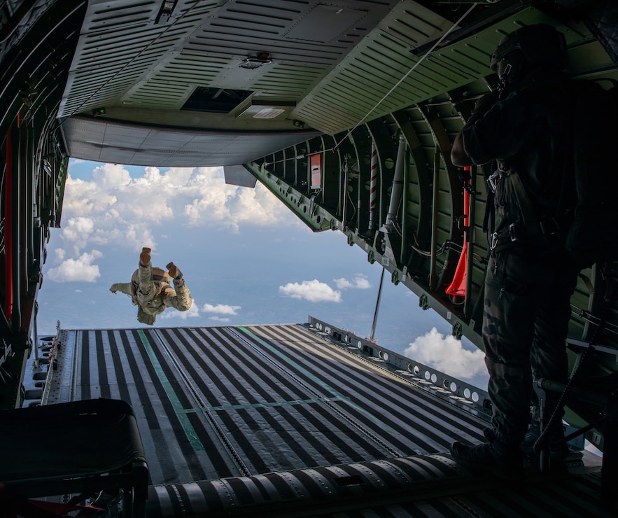 A U.S. Air Force Special Tactics operator with the 23rd Special Tactics Squadron, performs a High-Altitude Low Opening jump during Super Garuda Shield 2025 at Gatot Soebroto Airport, Lampung, Indonesia, August 24, 2025.