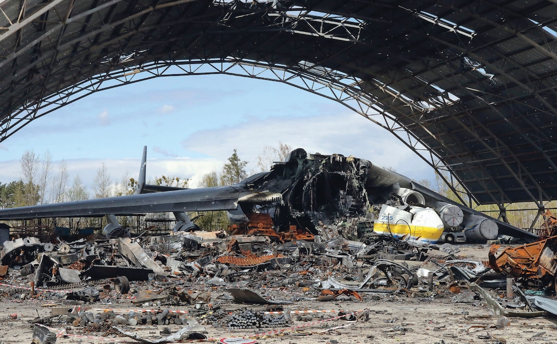 Remains of Antonov An-225 Mriya, world’s largest cargo plane, destroyed during Russian attack on Antonov Airport, Hostomel, Ukraine, in February 2022