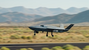 An aircraft takes off from a runway.