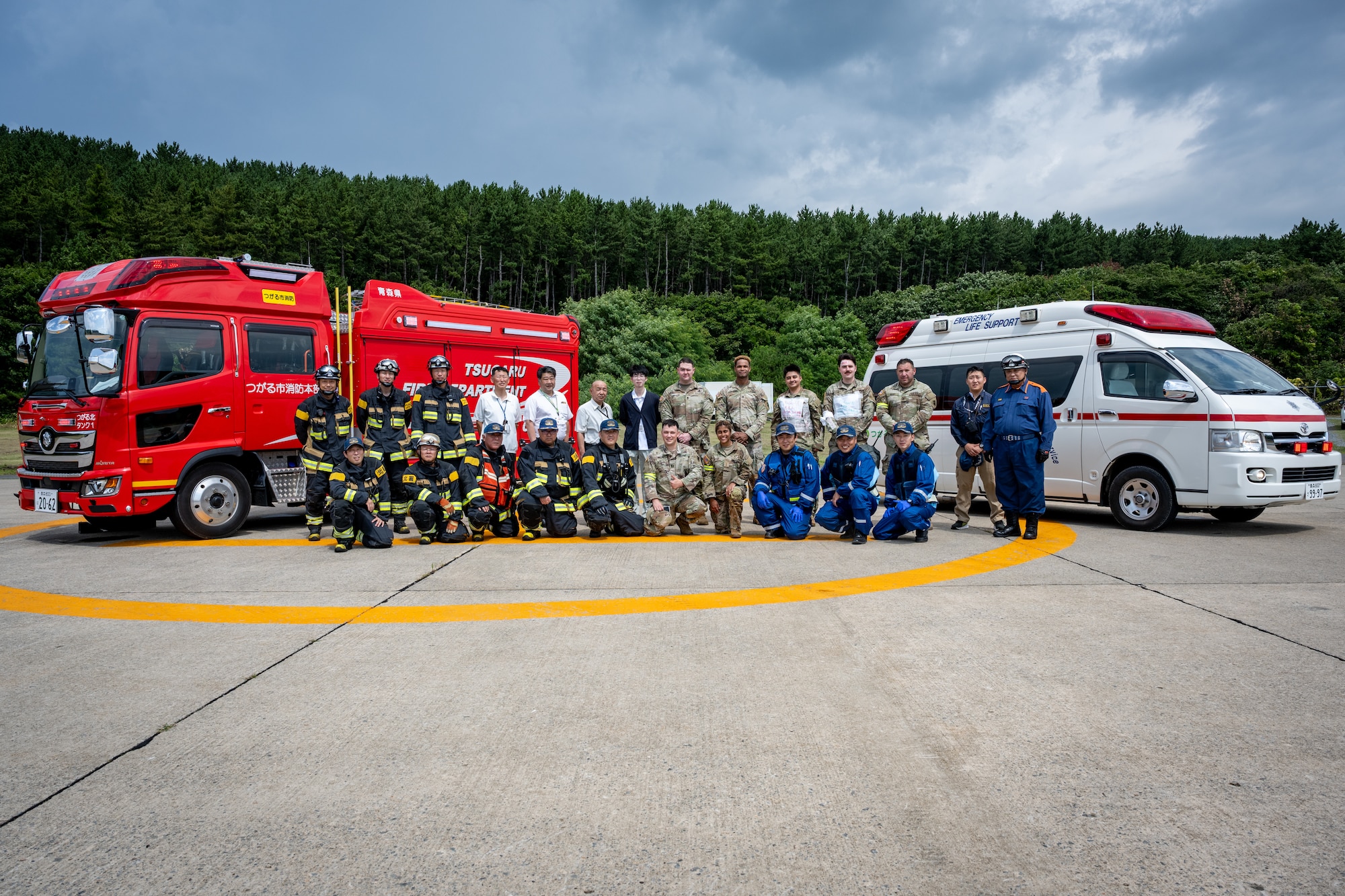 U.S. Soldiers assigned to the 10th Missile Defense Battery (MDB) and members assigned to the Tsugaru City Fire Department pose for a photo at Japan Air Self-Defense Force Shariki Sub Base, Japan, Aug. 19, 2025.