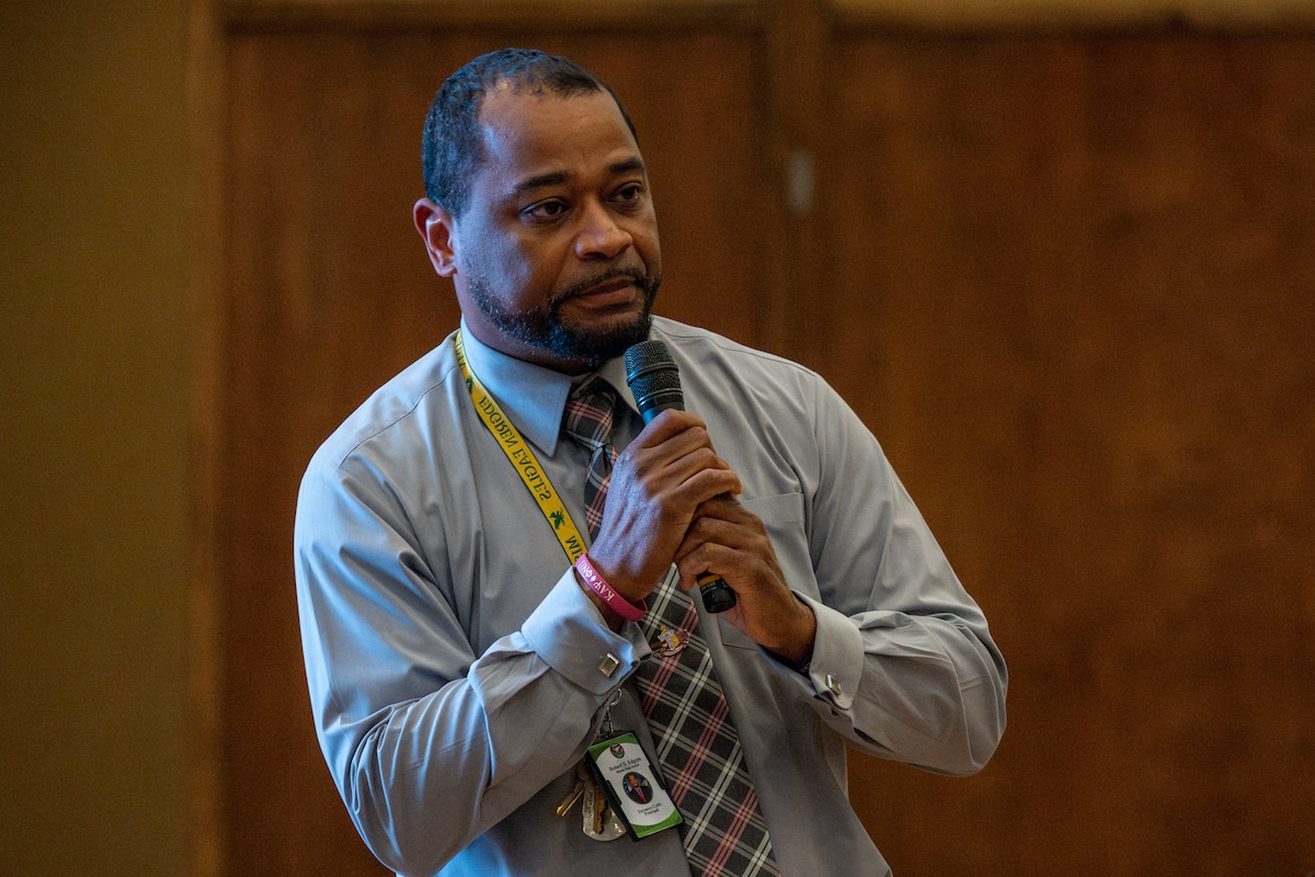 Terrance Cobb, Edgren Middle High School Principal, speaks during a 35th Fighter Wing (FW) open forum town hall at Misawa Air Base, Japan, Aug. 27, 2025.