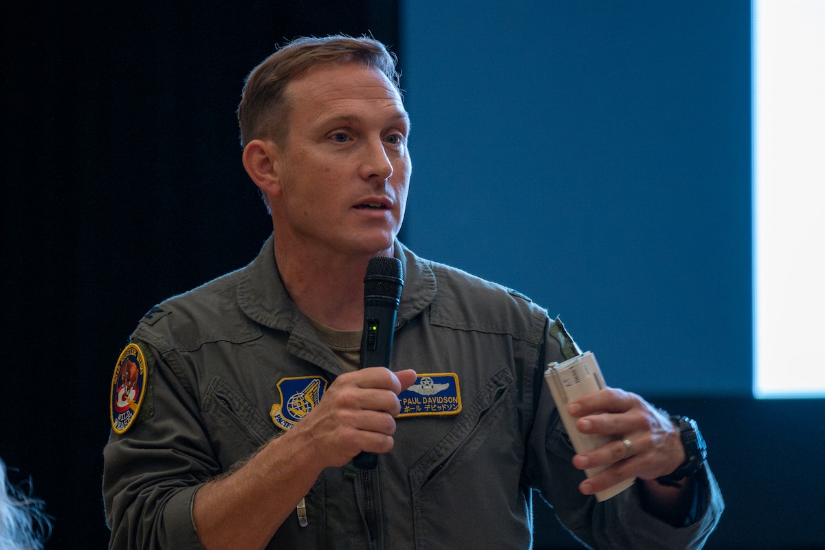 U.S. Air Force Col. Paul Davidson, 35th Fighter Wing (FW) commander, delivers opening remarks during a 35th FW open forum town hall at Misawa Air Base, Japan, Aug. 27, 2025.