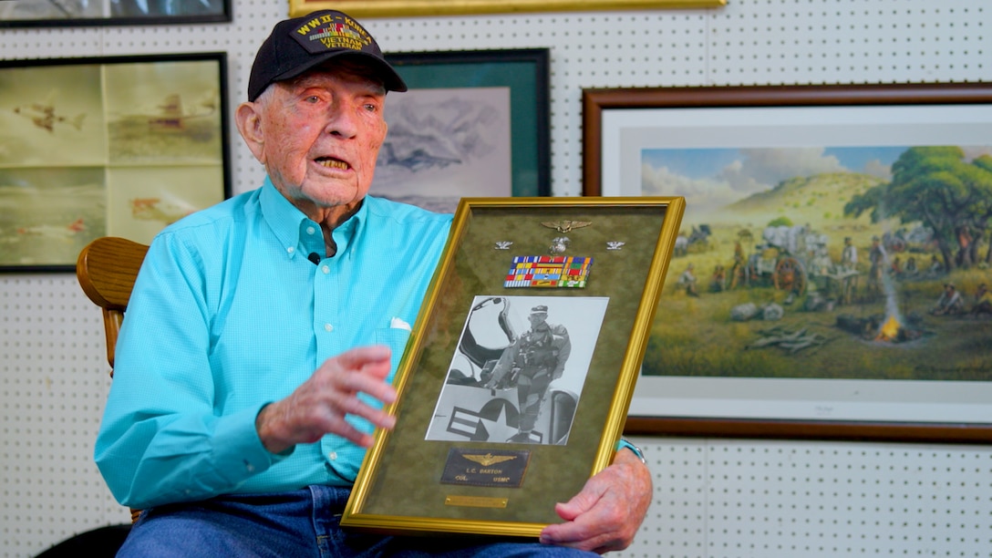 Retired U.S. Marine Corps Col. LeRoy Barton, a pilot who served in World War II, the Korean War and Vietnam War, speaks during an interview in New Bern, North Carolina May 29, 2025. As the Marine Corps commemorates 250 years of unwavering dedication to the nation and looks to the future, we honor heroes like Barton who has paved the way for our legacy through selfless commitment to the Marine Corps and our country. (U.S. Marine Corps photo by Lance Cpl. Naimah Green)
