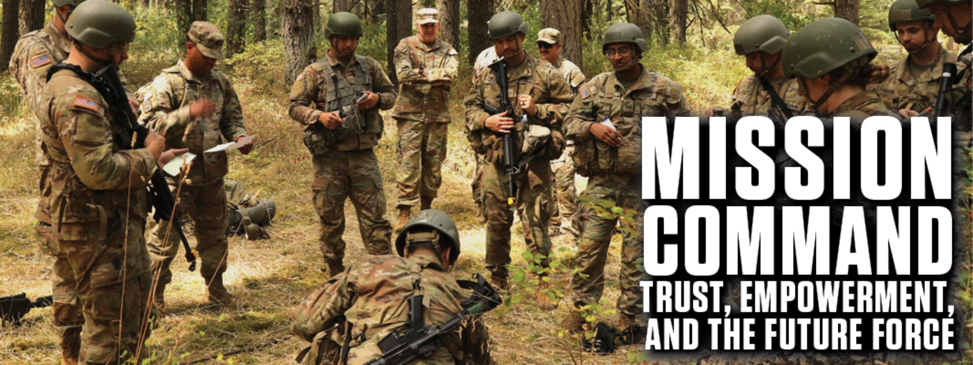 Mission Command: Trust, Empowerment, and the Future Force banner. Maj. Gen. Gent Welsh, the Adjutant General, Washington National Guard, observes soldiers conducting their mission brief as part of a squad situational training exercise (STX) during Officer Candidate School (OCS) Phase III at Joint Base Lewis-McChord, Wash., July 1, 2025. OCS Phase III is a culminating event that tests officer candidates on their leadership and critical thinking abilities before commissioning as second lieutenants. (U.S. Army National Guard photo by Sgt. Elaina Nieves)
