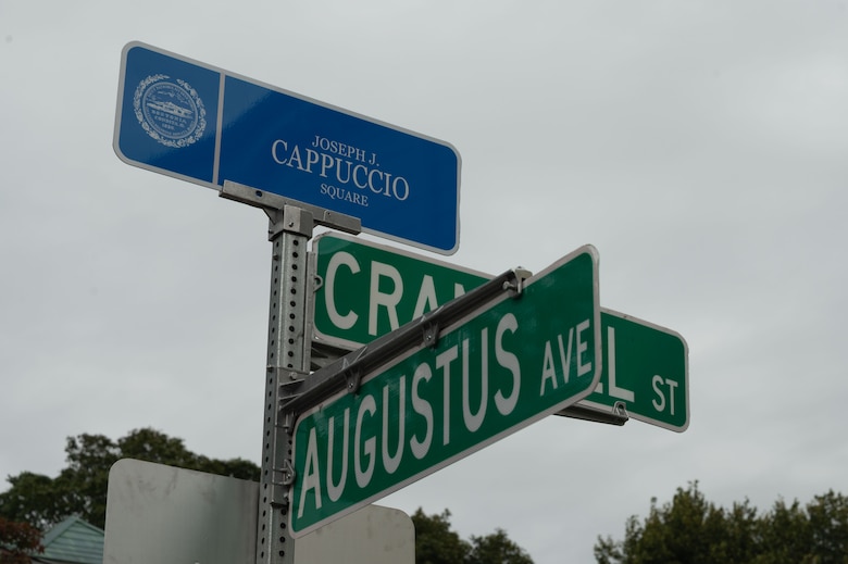 Joseph J. Cappuccio Square was renamed in honor of U.S. Marine Corps Cpl. Joseph J. Cappuccio, who served in the Battle of Iwo Jima, Aug. 21, 2025. As the Marine Corps marks its 250th year, Marines worldwide observe this historic milestone, paying tribute to generations of valor, duty, and the enduring spirit of Semper Fidelis. (U.S. Marine Corps photo by Lance Cpl. Matthew A. McDonnell)
