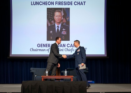 Chairman of the Joint Chiefs of Staff Gen. Dan Caine participates in a fireside chat with Congressman August Pfluger at the West Texas Legislative Summit in San Angelo, Tx.,  July 29, 2025. (DOD photo by Chief Mass Communication Specialist James Mullen)