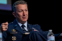 Chairman of the Joint Chiefs of Staff Gen. Dan Caine participates in a fireside chat with Congressman August Pfluger at the West Texas Legislative Summit in San Angelo, Tx.,  July 29, 2025. (DOD photo by Chief Mass Communication Specialist James Mullen)