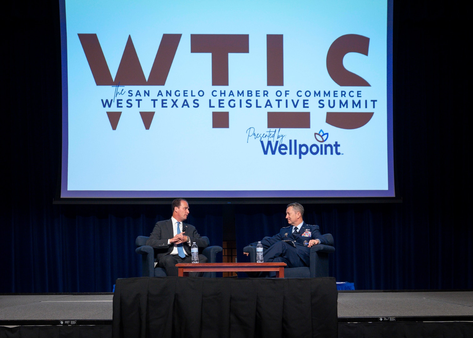 Chairman of the Joint Chiefs of Staff Gen. Dan Caine participates in a fireside chat with Congressman August Pfluger at the West Texas Legislative Summit in San Angelo, Tx.,  July 29, 2025. (DOD photo by Chief Mass Communication Specialist James Mullen)