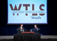 Chairman of the Joint Chiefs of Staff Gen. Dan Caine participates in a fireside chat with Congressman August Pfluger at the West Texas Legislative Summit in San Angelo, Tx.,  July 29, 2025. (DOD photo by Chief Mass Communication Specialist James Mullen)