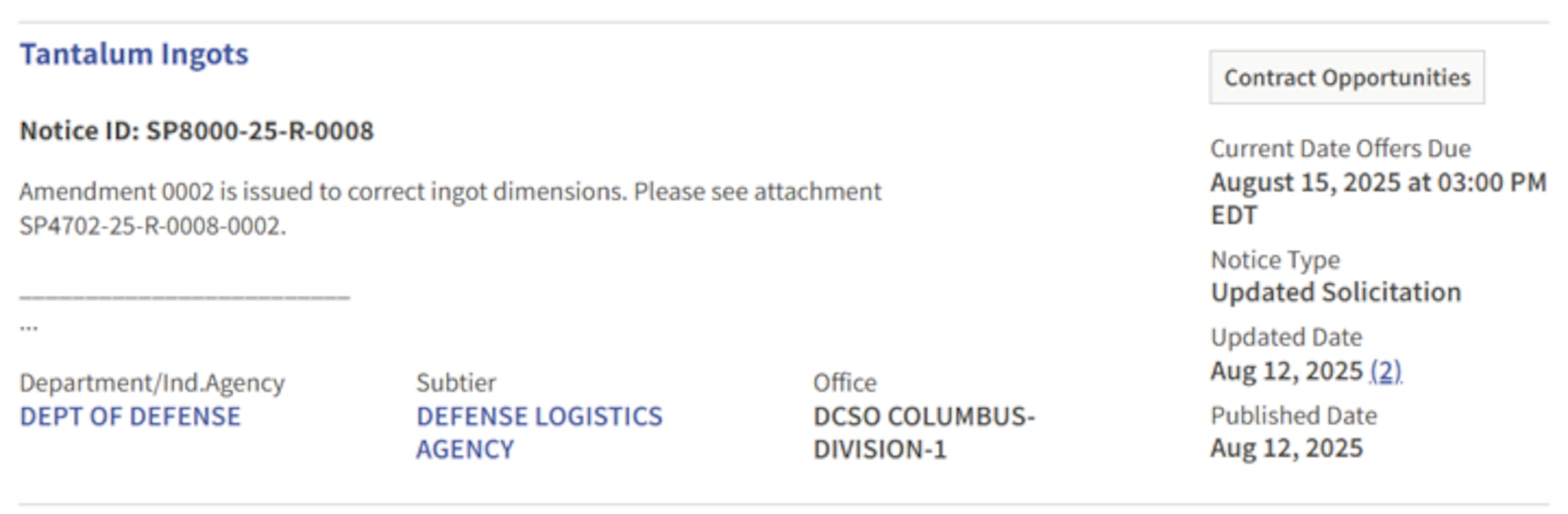 Example of Strategic Materials material specific solicitation