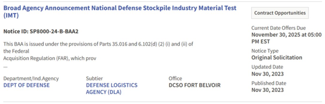 Example of Strategic Materials Broad Agency Announcement solicitation