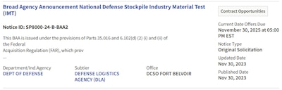 Example of Strategic Materials Broad Agency Announcement solicitation