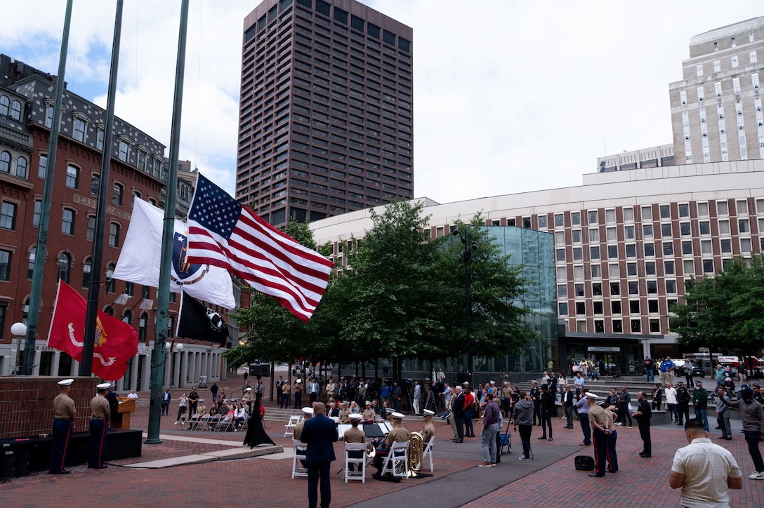 U.S. Marines with the Special Purpose Marine Air-Ground Task Force-250 hosted the opening ceremony at the City Hall Plaza during Marine Week Boston, Aug. 21, 2025. As the Marine Corps marks its 250th year, Marines worldwide observe this historic milestone, paying tribute to generations of valor, duty, and the enduring spirit of Semper Fidelis. (U.S. Marine Corps photo by Lance Cpl. Matthew A. McDonnell)