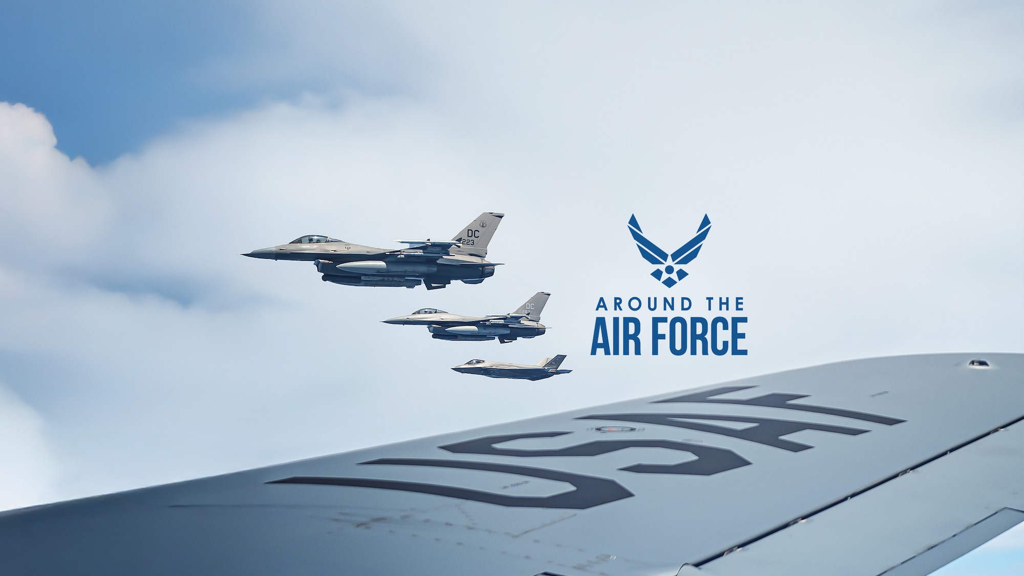 Air Force aircraft fly in formation.