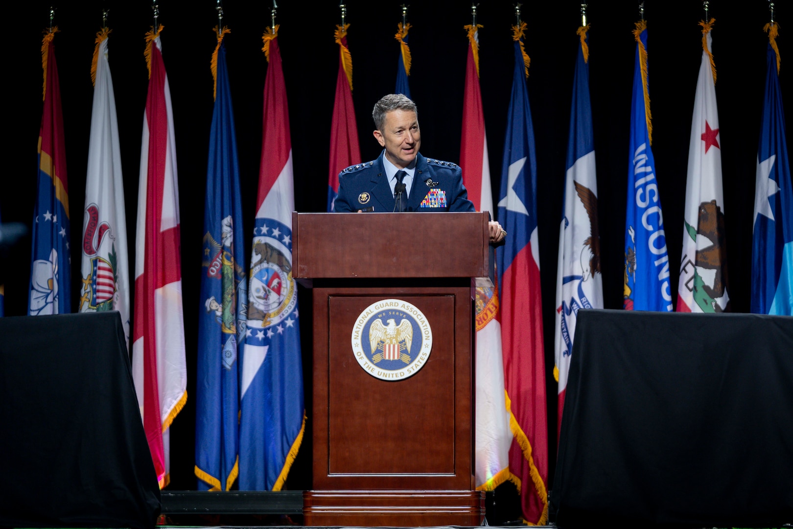 Chairman of the Joint Chiefs of Staff Gen. Dan Caine delivers remarks at the National Guard Association of the United States (NGAUS) National Conference in Milwaukee, Wi., Aug. 23, 2025. (DOD photo by Chief Mass Communication Specialist James Mullen)