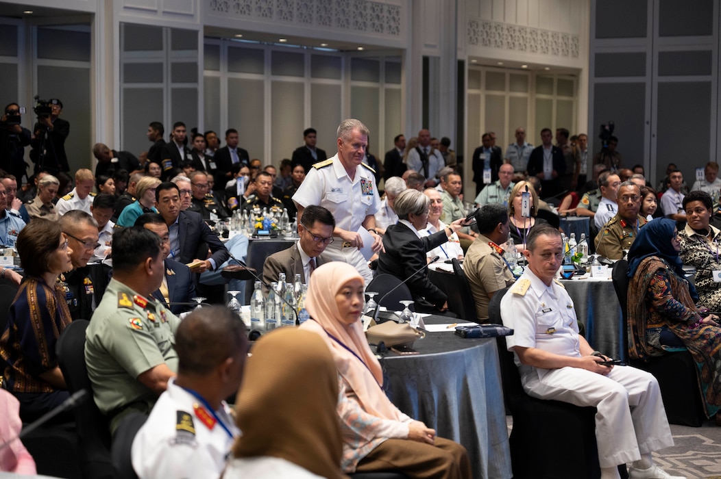 Adm. Samuel J. Paparo, commander of U.S. Indo-Pacific Command, prepares to take the stage for remarks at a Chiefs of Defense Conference in Hua Hin, Thailand, Aug. 27, 2025.