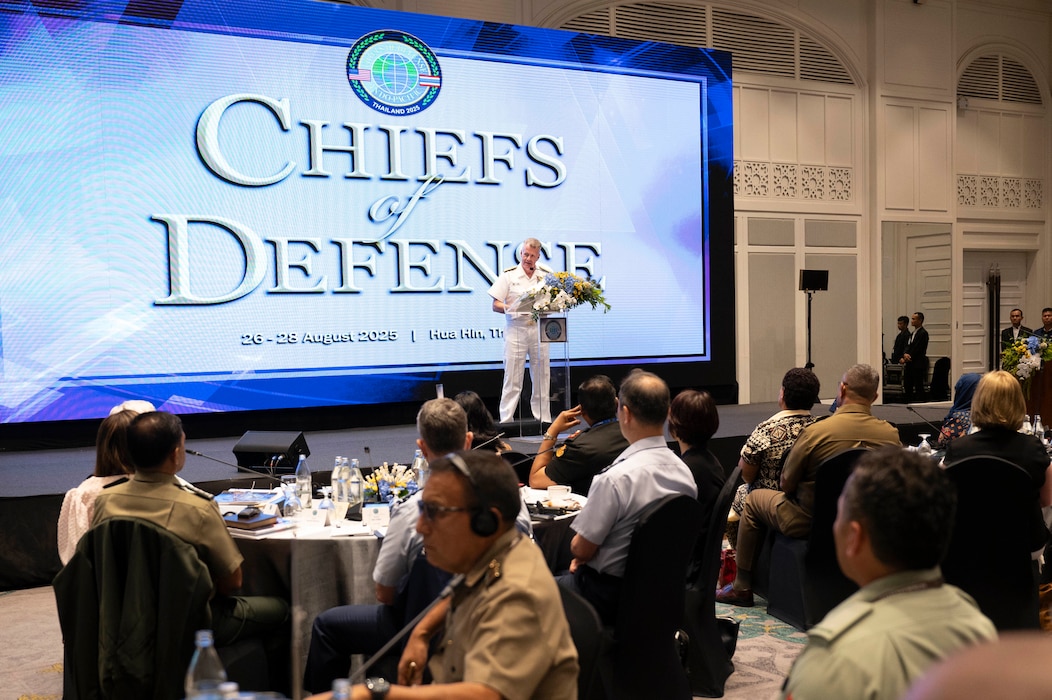 Adm. Samuel J. Paparo, commander of U.S. Indo-Pacific Command, provides remarks at a Chiefs of Defense Conference in Hua Hin, Thailand, Aug. 27, 2025.