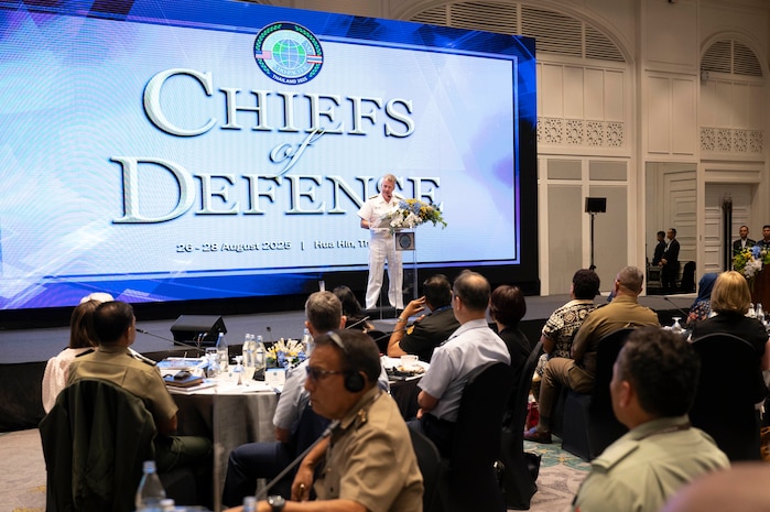 Adm. Samuel J. Paparo, commander of U.S. Indo-Pacific Command, provides remarks at a Chiefs of Defense Conference in Hua Hin, Thailand, Aug. 27, 2025.
