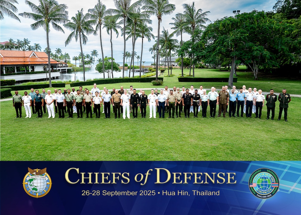 Chiefs of Defense join their respective senior enlisted leaders for a group photo during a Chiefs of Defense Conference in Hua Hin, Thailand, Aug. 27, 2025.