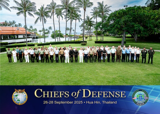 Chiefs of Defense join their respective senior enlisted leaders for a group photo during a Chiefs of Defense Conference in Hua Hin, Thailand, Aug. 27, 2025.