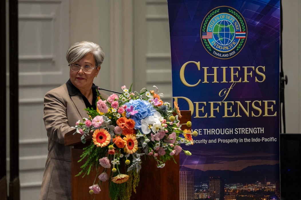 Retired U.S. Army Maj. Gen. Suzanne Vares-Lum, director of the Daniel K. Inouye Asia Pacific Center for Security Studies, moderates discussion at a Chiefs of Defense Conference in Hua Hin, Thailand, Aug. 28, 2025.