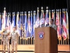 Brig. Gen. Sara Dudley, commanding general of U.S. Army Recruiting Division, addresses the audience during her assumption of command ceremony at Waybur Theater, Fort Knox, Ky. She, along with Command Sgt. Maj Danny Basham, senior enlisted adviser, assumed command and responsibility of USARD, the newly designated unit.