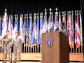 Brig. Gen. Sara Dudley, commanding general of U.S. Army Recruiting Division, addresses the audience during her assumption of command ceremony at Waybur Theater, Fort Knox, Ky. She, along with Command Sgt. Maj Danny Basham, senior enlisted adviser, assumed command and responsibility of USARD, the newly designated unit.