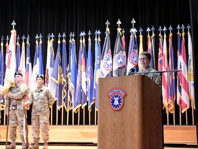 Brig. Gen. Sara Dudley, commanding general of U.S. Army Recruiting Division, addresses the audience during her assumption of command ceremony at Waybur Theater, Fort Knox, Ky. She, along with Command Sgt. Maj Danny Basham, senior enlisted adviser, assumed command and responsibility of USARD, the newly designated unit.