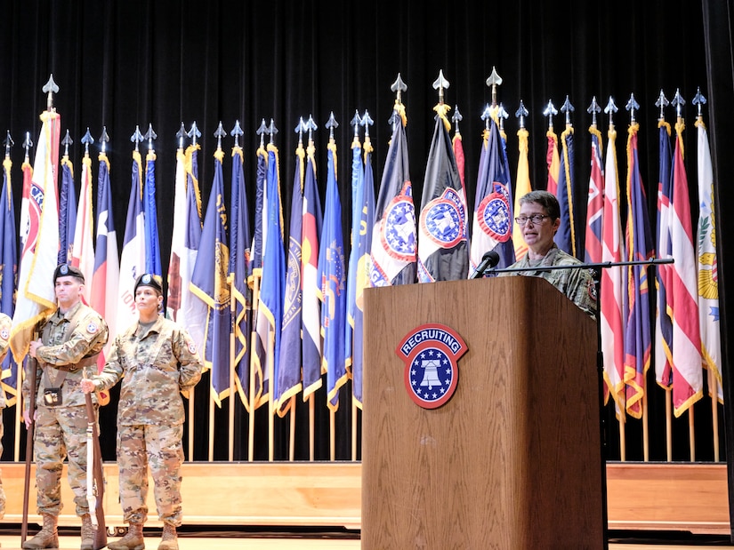 Brig. Gen. Sara Dudley, commanding general of U.S. Army Recruiting Division, addresses the audience during her assumption of command ceremony at Waybur Theater, Fort Knox, Ky. She, along with Command Sgt. Maj Danny Basham, senior enlisted adviser, assumed command and responsibility of USARD, the newly designated unit.