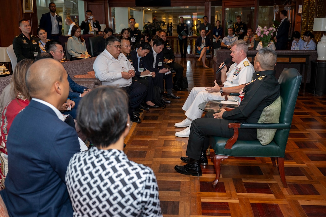 Adm. Samuel J. Paparo, commander of U.S. Indo-Pacific Command, and Gen. Songwit Noonpakdee, chief of defence forces for the Royal Thai Armed Forces, participate in a Young Leaders' Program engagement at a Chiefs of Defense Conference in Hua Hin, Thailand, Aug. 28, 2025.