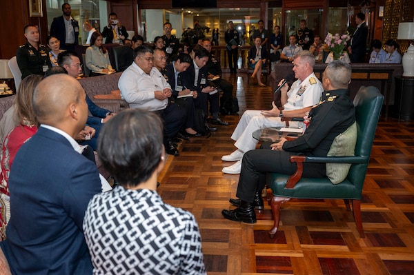 Adm. Samuel J. Paparo, commander of U.S. Indo-Pacific Command, and Gen. Songwit Noonpakdee, chief of defence forces for the Royal Thai Armed Forces, participate in a Young Leaders' Program engagement at a Chiefs of Defense Conference in Hua Hin, Thailand, Aug. 28, 2025.
