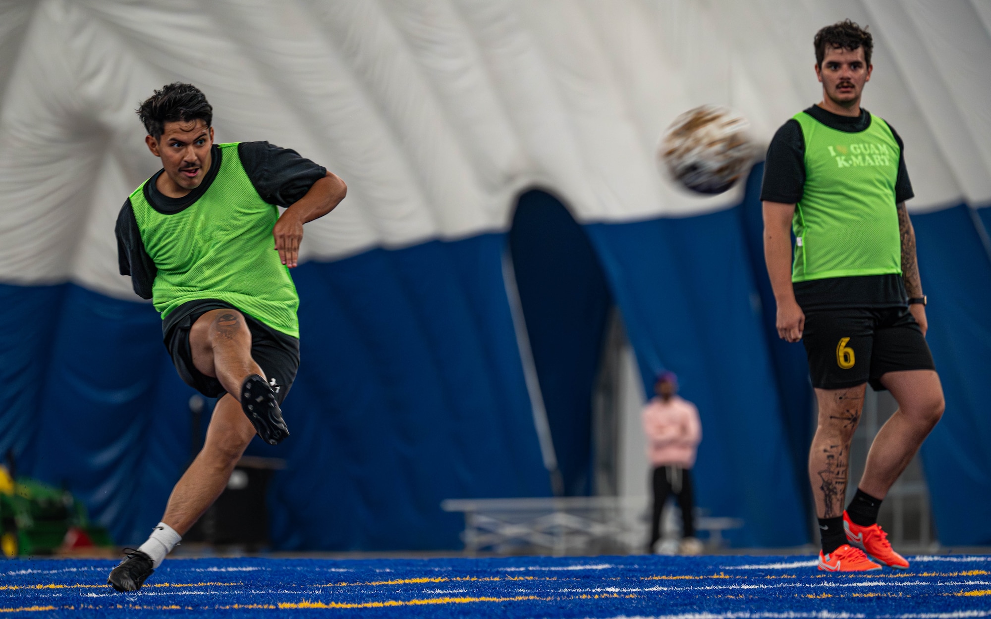 Team Minot Airmen compete in a soccer match during the Summer Games at Minot Air Force Base, North Dakota, Aug. 22, 2025. The Summer Games is an annual event at Minot AFB featuring a variety of sporting competitions designed to strengthen camaraderie and foster teamwork across Team Minot.