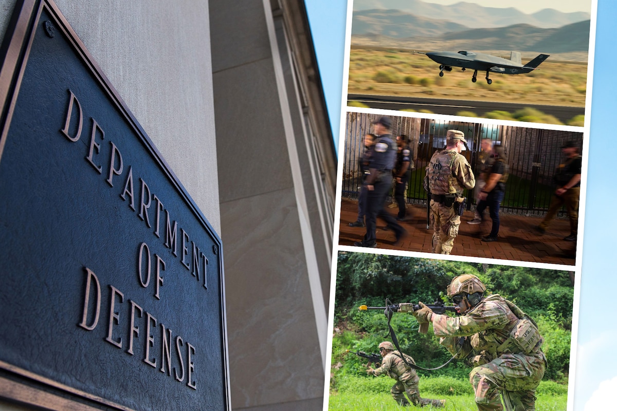 In a graphic, the Department of Defense sign is seen on a column in a building on the left. On the right, three photos appear. One of an aircraft taking off from a tarmac. One of a guardsman watching as police officers walk by and another of kneeling service members firing weapons in the woods.