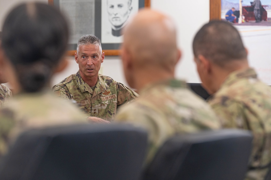 U.S. Air Force Maj. Gen. Gregory Kreuder, 19th Air Force commander, speaks to the leadership of the 56th Fighter Wing